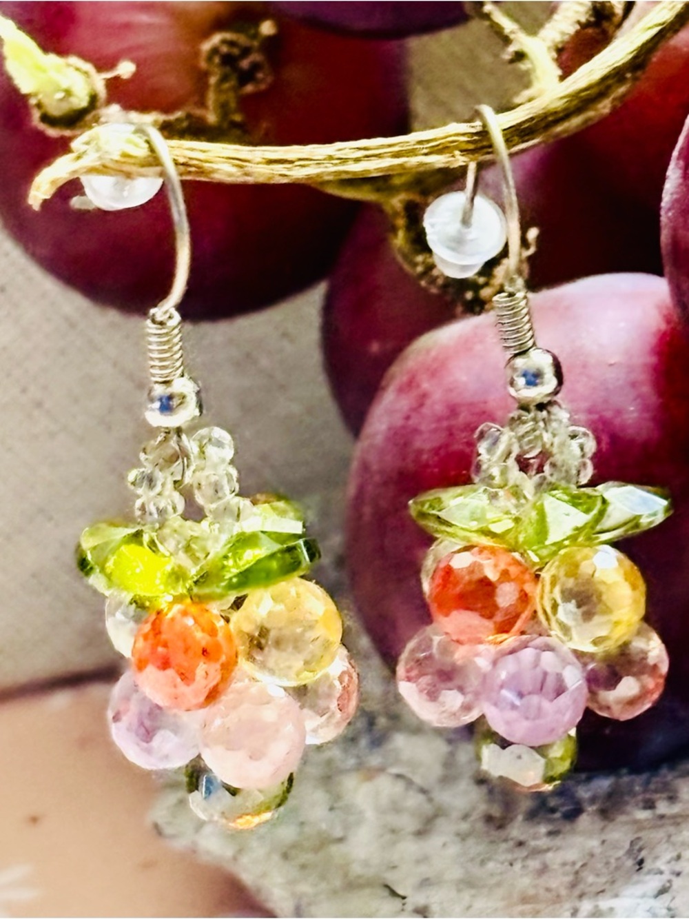 Crystal Grape Cluster Drop Earrings in Multi-Color with Green Leaf Accents